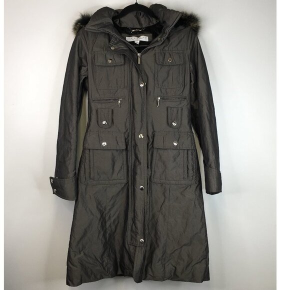 Laundry by Shelli Segal Fur Trim Hood  Long Jacket Green Size XS - Picture 1 of 16